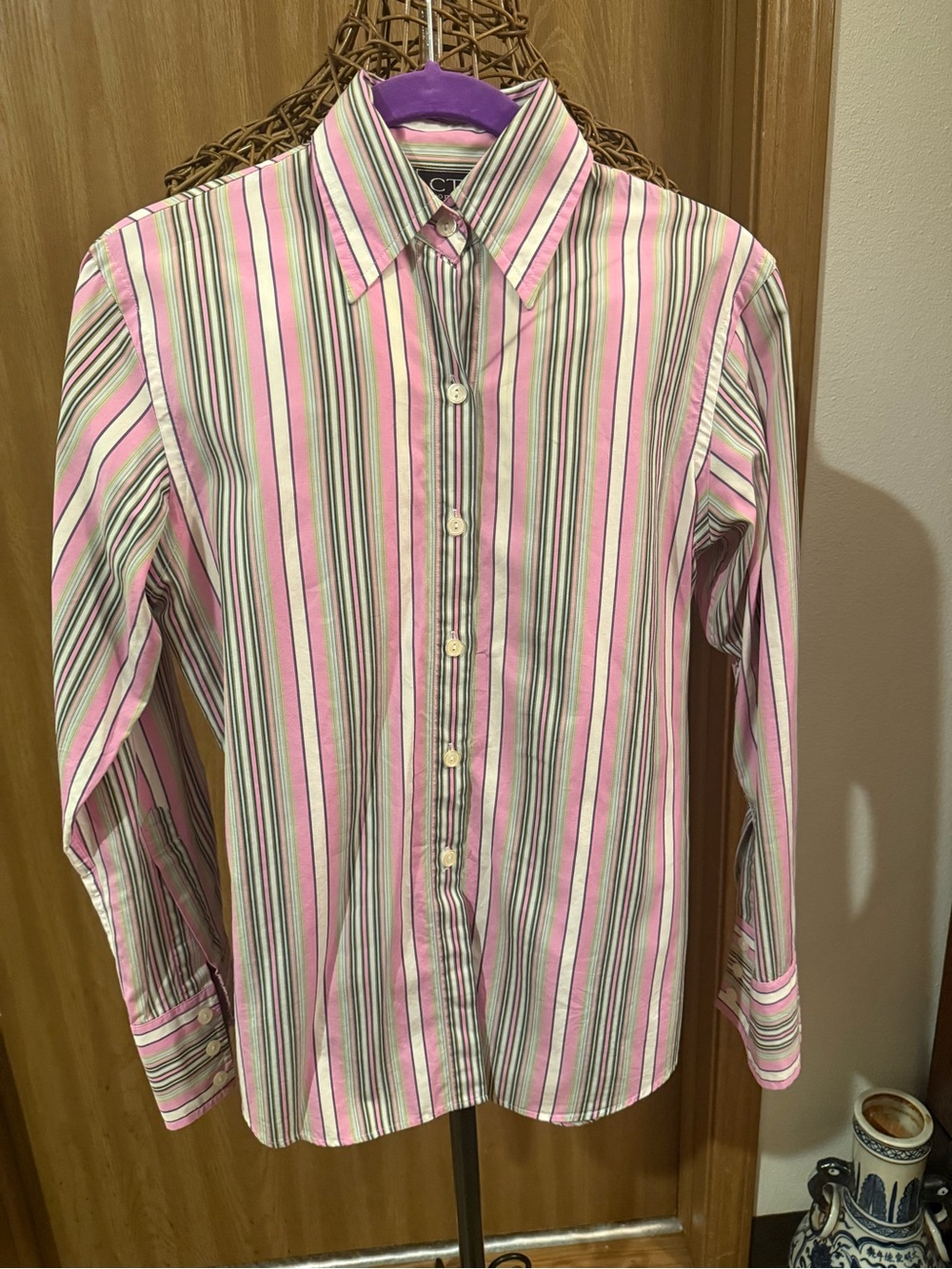 Charles Tyrwhitt Pink and Green Striped Button-Down Shirt